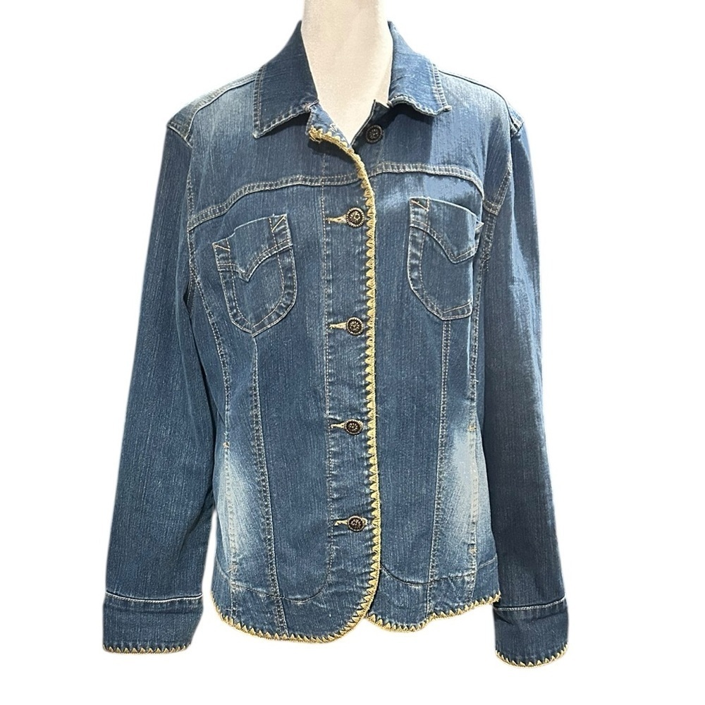 KIKIT Vintage Denim Jean Jacket Whipstitch Edges Stretchy Pockets VGC Size XL